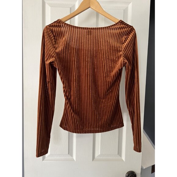 Shein Velvet Ribbed Long Sleeve Top Rust Brown Square Neck Size Small S 4 Fall R - Picture 4 of 4